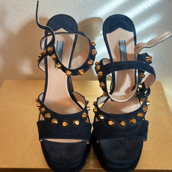 Prada Suede Platform Studded Sandal Blue Gold - Picture 2 of 4